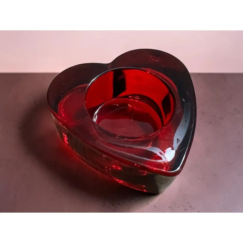Red Glass Heart Shaped Votive/Tealight Candle Holder 2.75